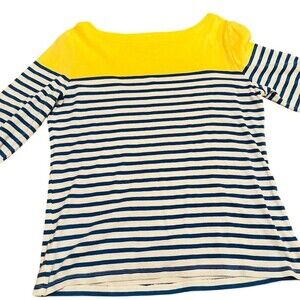 Talbots Top Womens Size L Yellow Yoke Blue & Ivory Striped Boat Neck LS